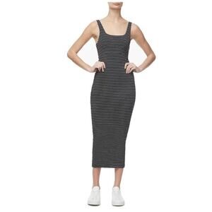 Good American Women's Size 1 Small Striped Black Midi Sleeveless Dress 1654